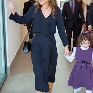 Zara Slit Front Bow Tie Waist Pleated Long Sleeve Midi Dress Navy Blue Large